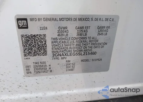 2025 Chevrolet Equinox Fwd Rs from USA, damaged, VIN 3GNAXLEG5SL215460